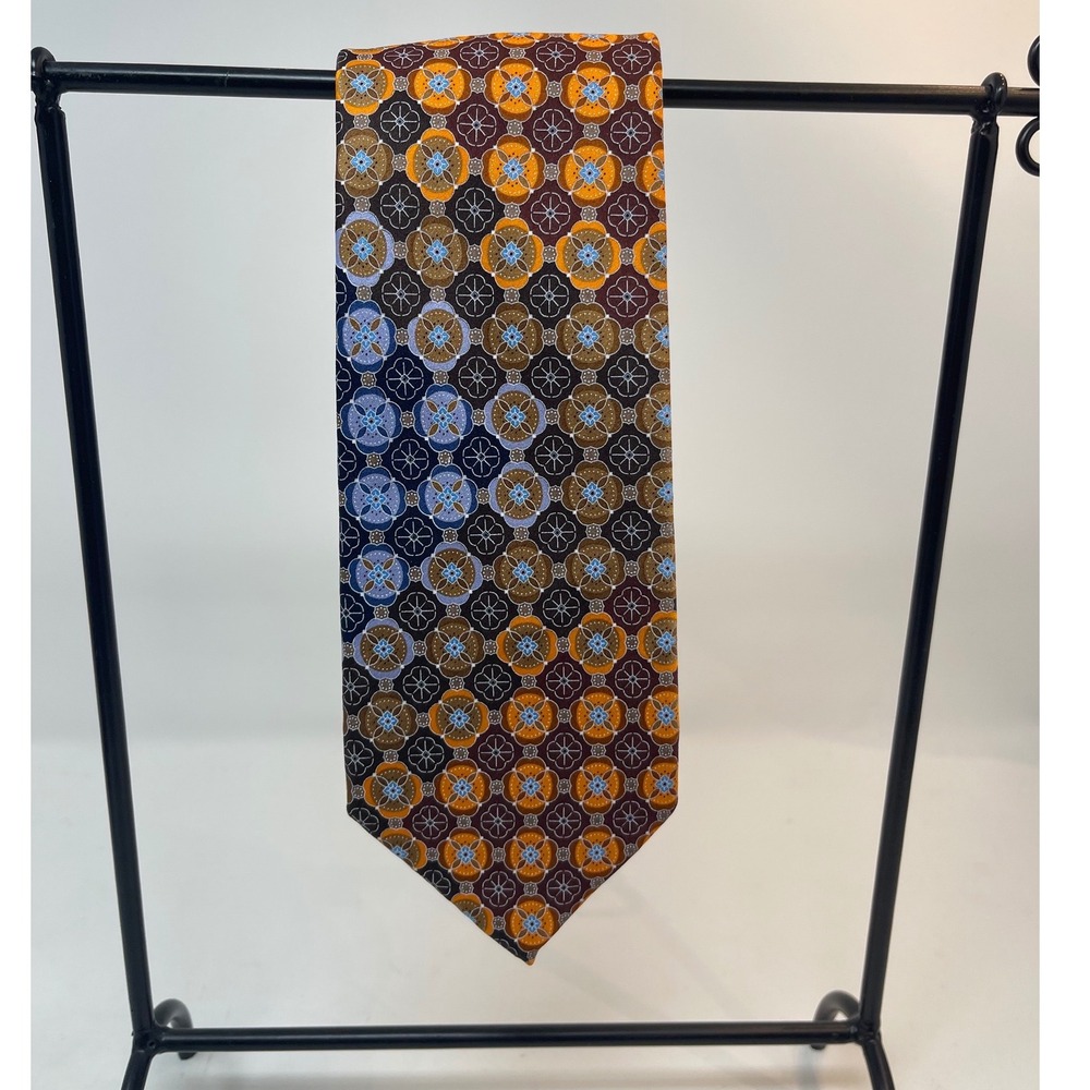 Geoffrey Beene Necktie Mens OS Brown Orange Blue Excellent Silk Floral Medallion